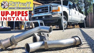 2001 F350 73  RiffRaff UpPipes Install  Stock up pipes leaking and falling apart JUNK SP [upl. by Cerallua]